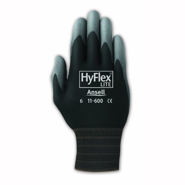 Ansell HyFlex 15G Black Lite Nylon Liner, Gray PU Palm Coat, Sz 11, 12PK 11-600-11B